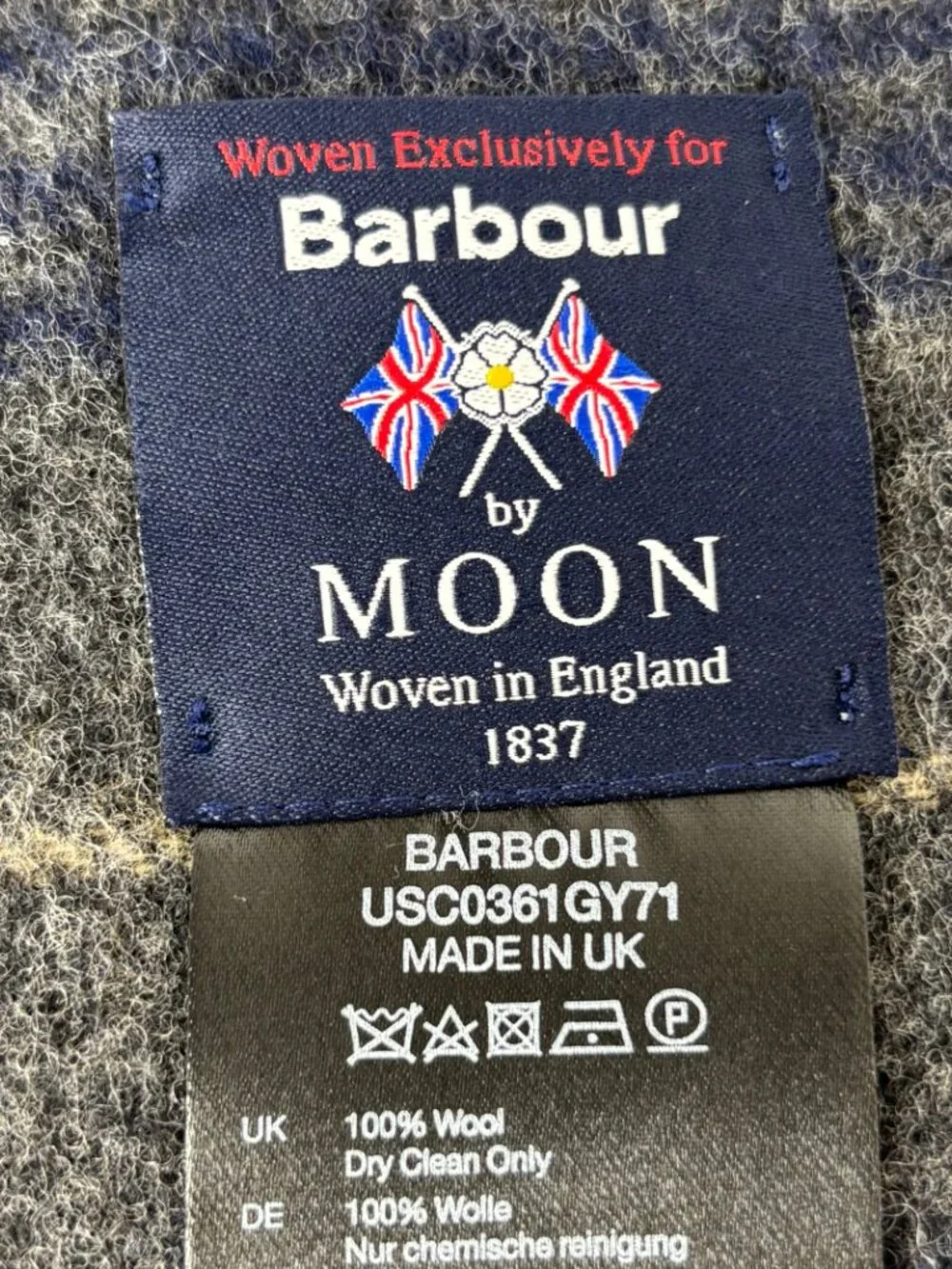 Barbour by Moon 100% Wool Scarf Made in England Tartan Check Gray Blue